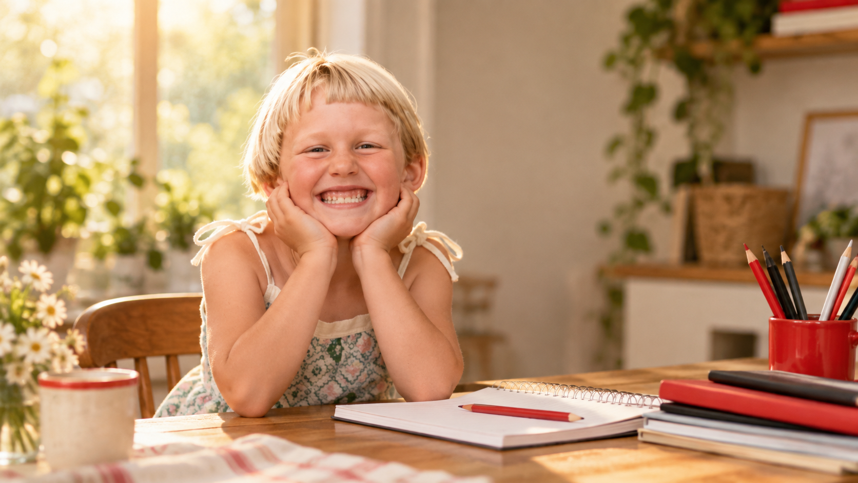 Young Maggie smiling at her desk