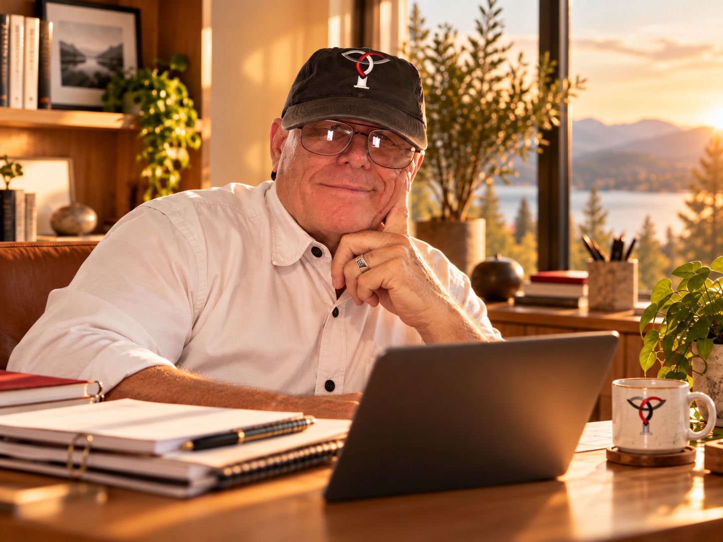 Maggie’s dad at his desk wearing a Trilogy cap