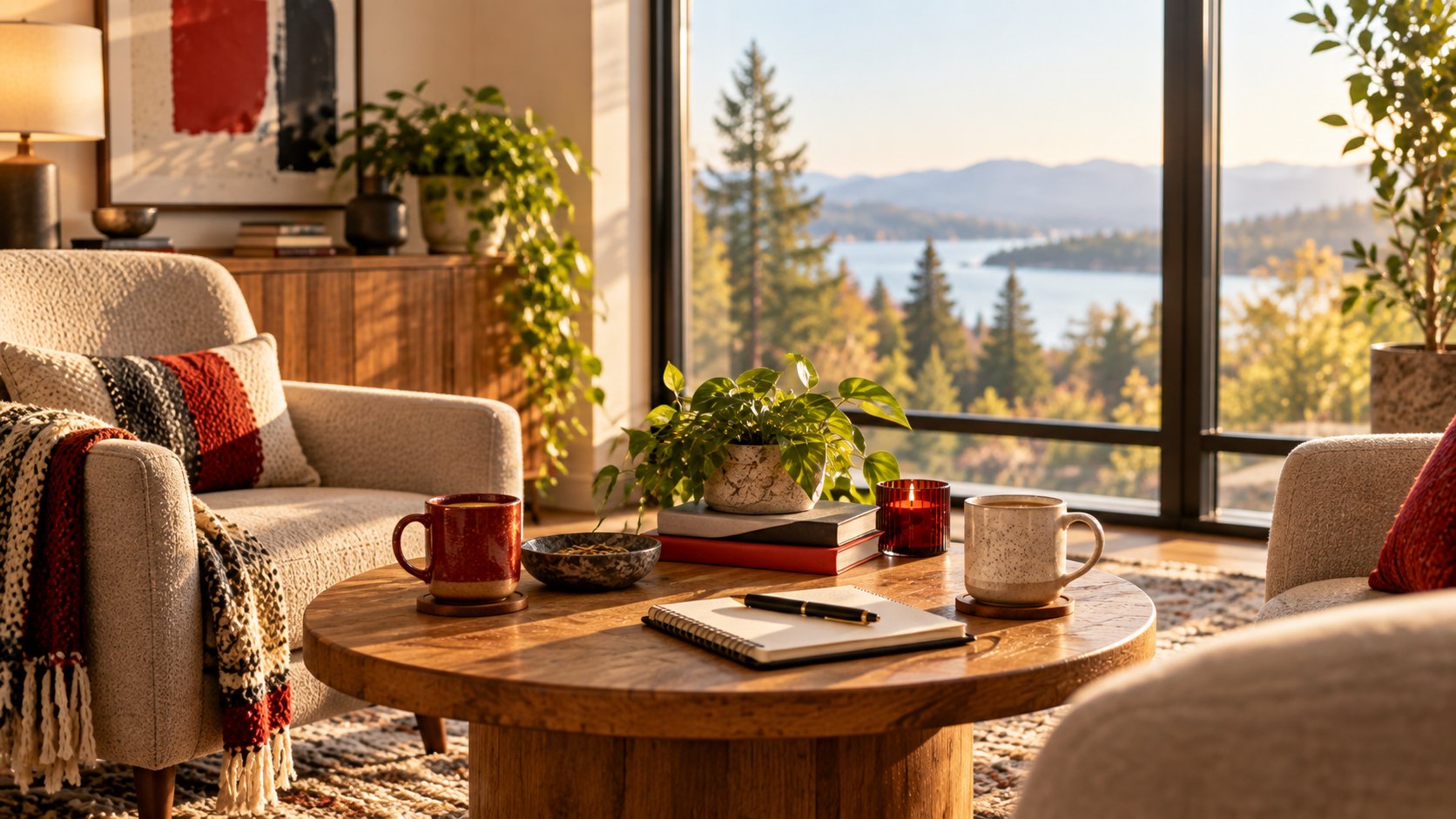 A welcoming meeting space with comfortable chairs and a lake view