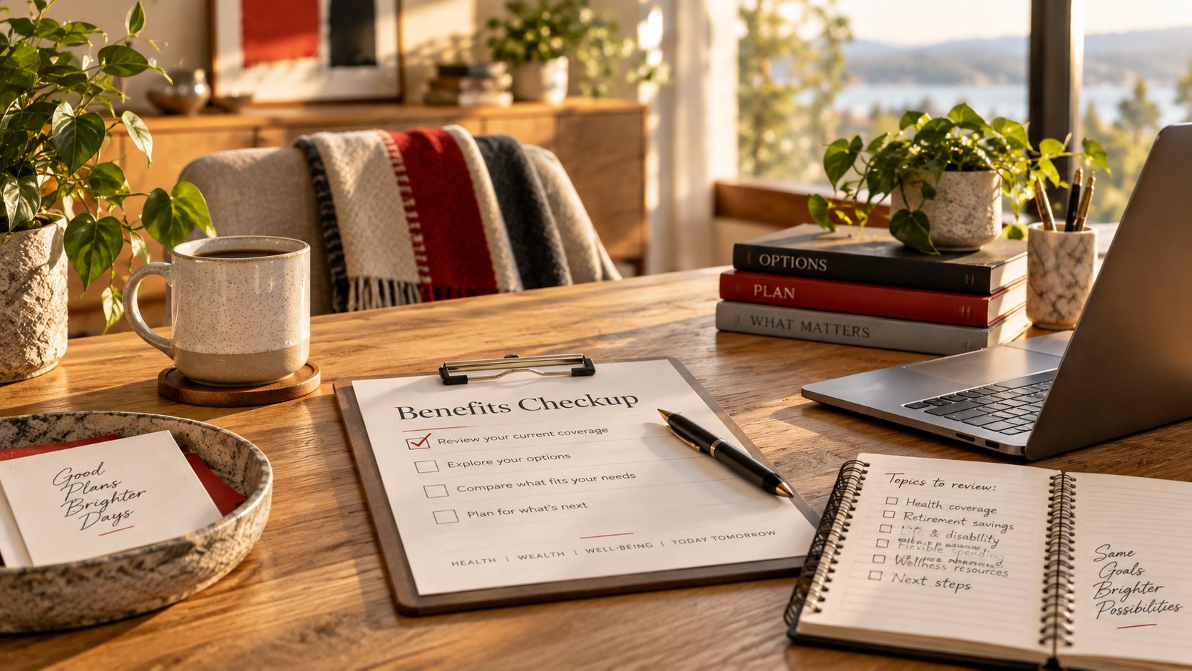 Benefits checkup clipboard and laptop in a warm office setting
