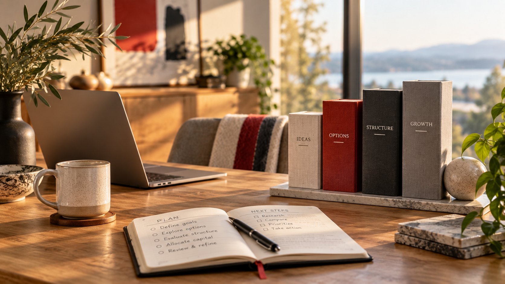 A laptop, planning books, and notebook ready for thoughtful benefits planning