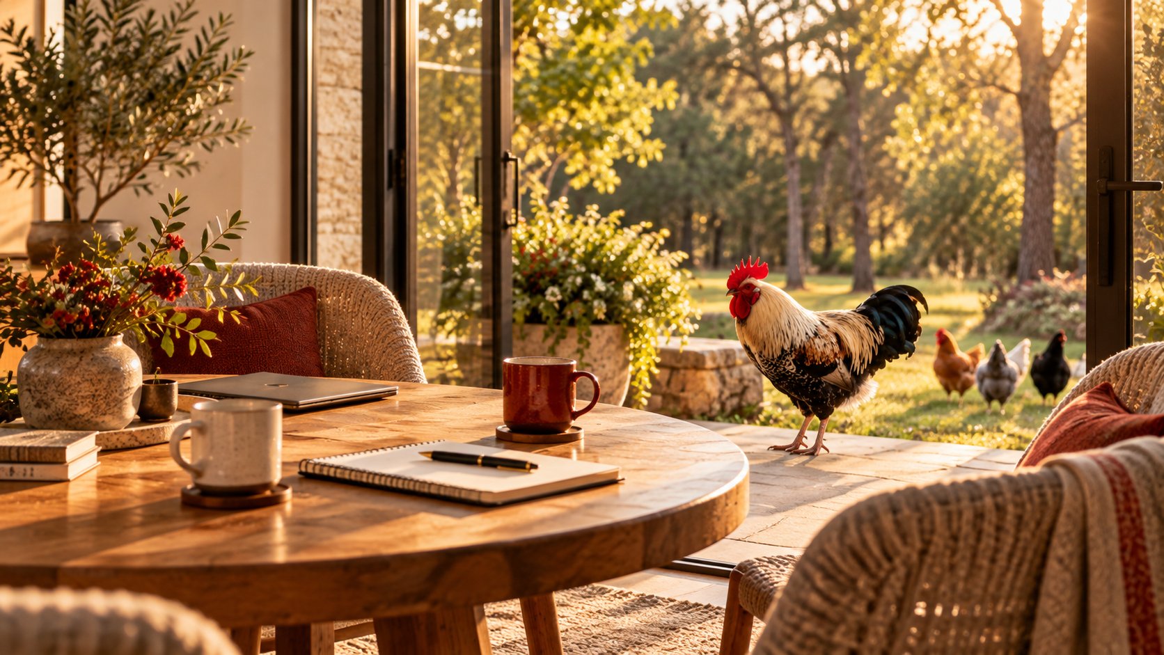 A rooster stepping into a welcoming office from the garden